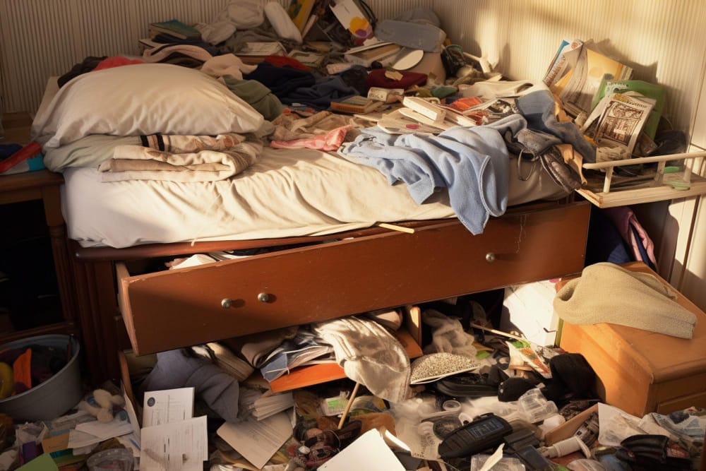 example of clutter, cards, and other items in bedroom