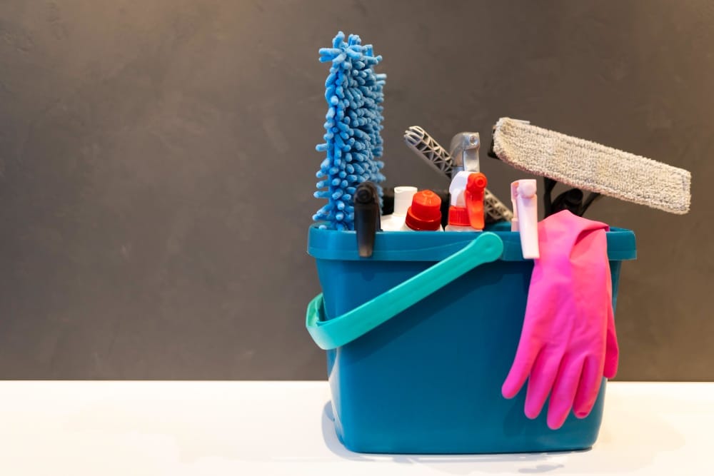 bucket of cleaning products